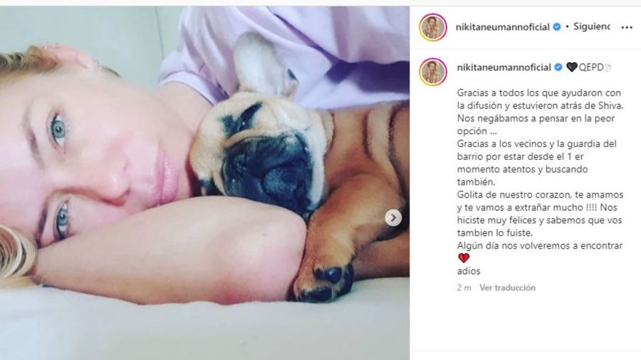 Nicole Neumann muerte de su perra Shiva 