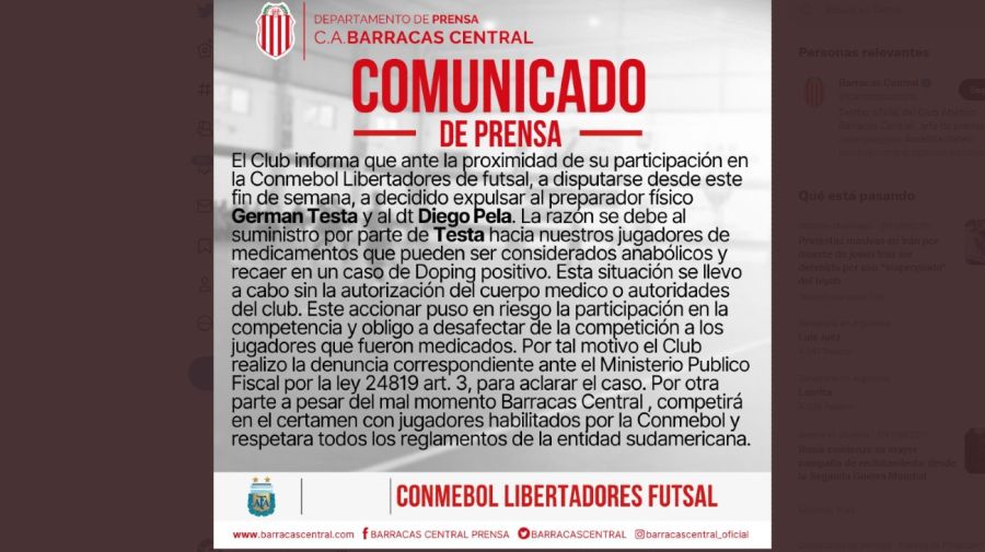 El comunicado de Barracas Central, despidiendo al entrenador de futsal a horas del debut del equipo en la Libertadores.