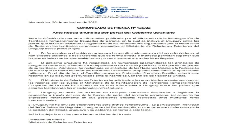20220927 Comunicado del Ministerio de Relaciones Exteriores de Uruguay en respuesta a Ucrania