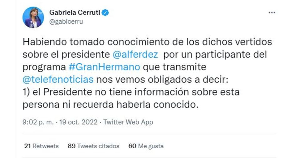 Gabriela Cerruti comunicado El Alfa Gran Hermano Alberto Fernandez