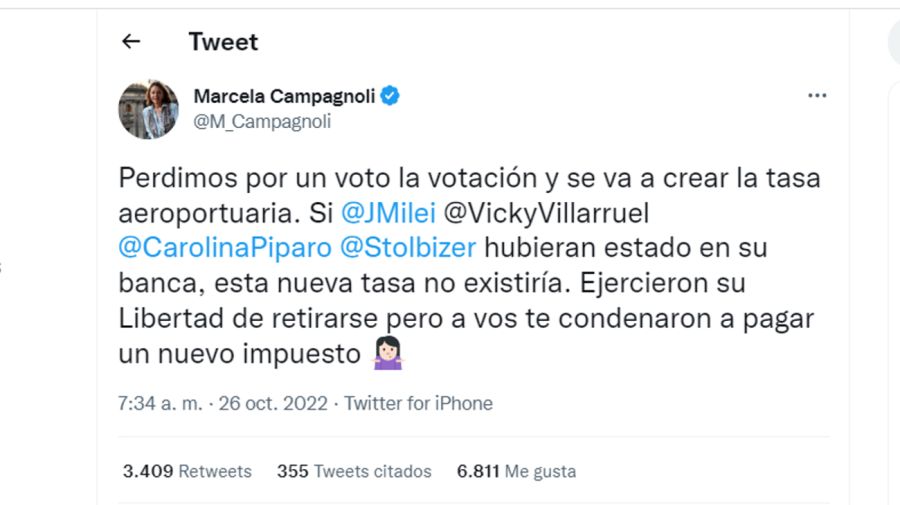 20221027 Tweet de Marcela Campagnoli, diputada del bloque de la Coalición Cívica e interbloque Juntos por el Cambio.