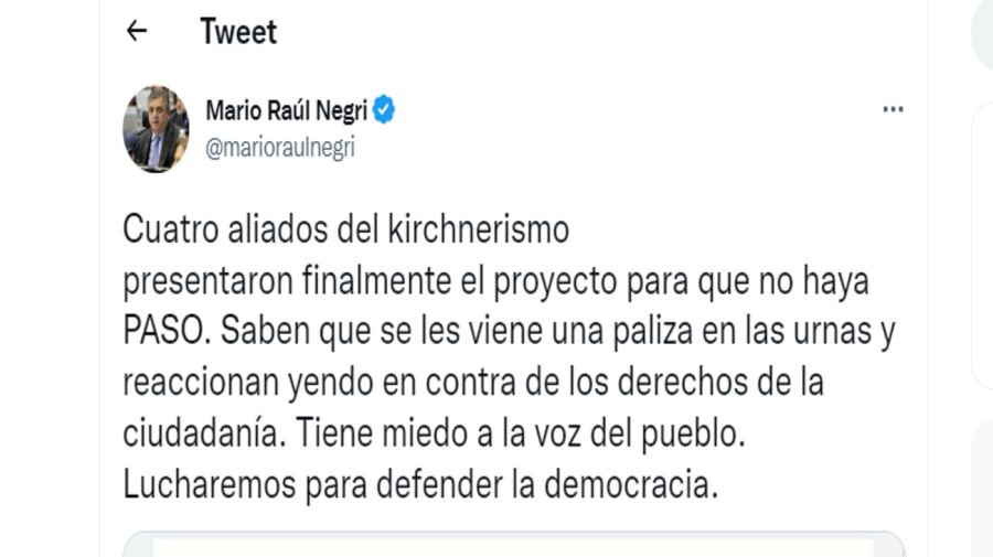 20221027 Tweet de Mario Negri en contra de la suspensión de las PASO
