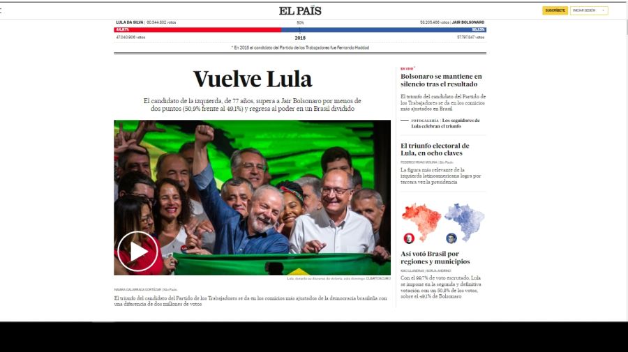 20221031 Medios internacional reflejan la victoria de Lula Da Silva sobre Bolsonaro.