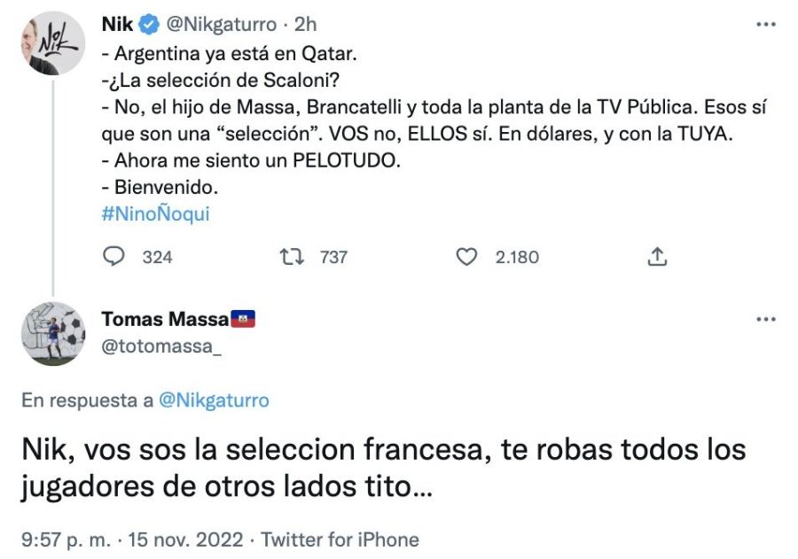 Los tuits de Tomás Massa contra Nik 20221116