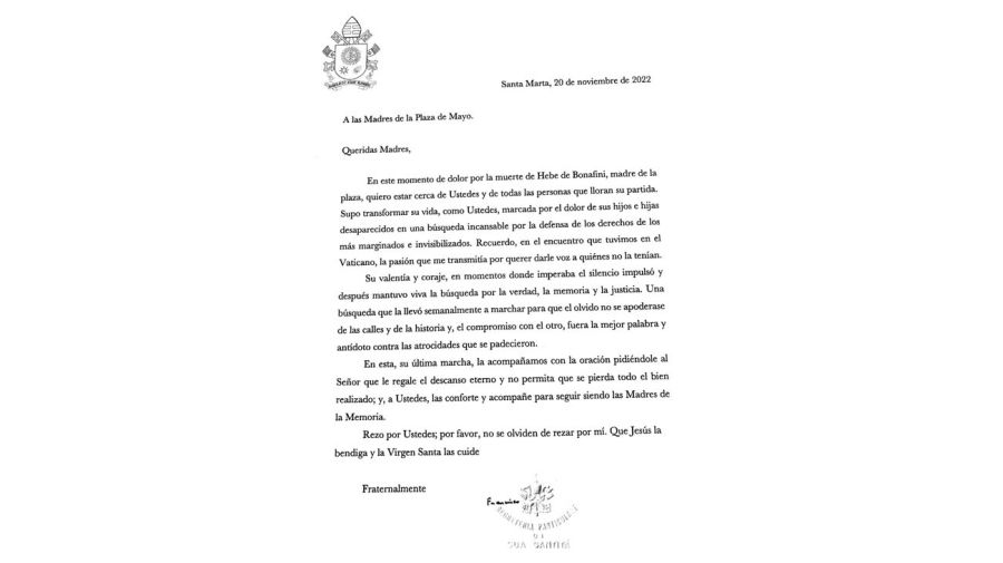 Despedida del Papa Francisco a Hebe de Bonafini 20221121