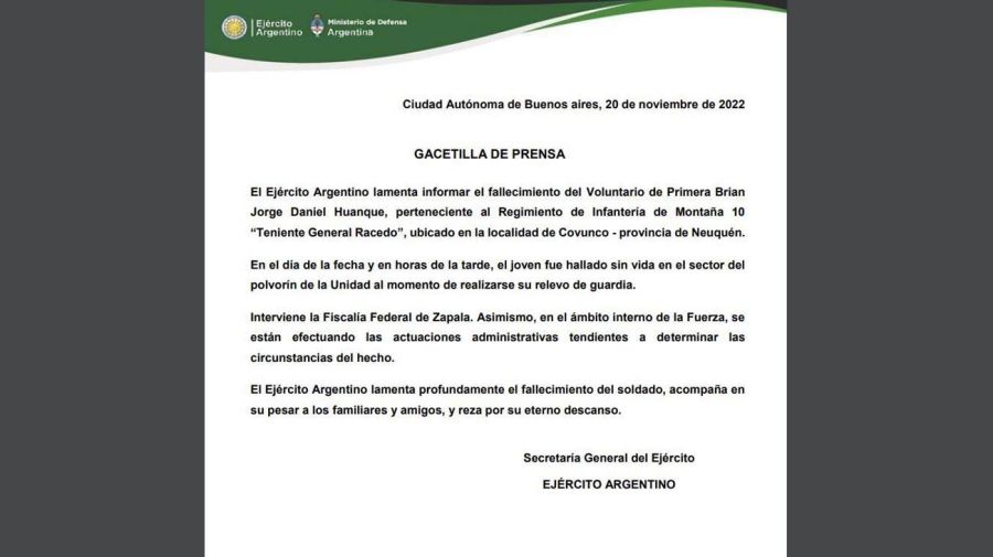 Muerte de un soldado voluntario del Ejército argentino en Neuquén