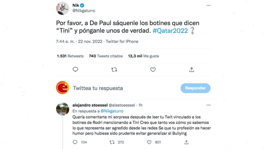 Alejandro Stoessel contra Nik por su comentario sobre los botines de Rodrigo De Paul y Tini