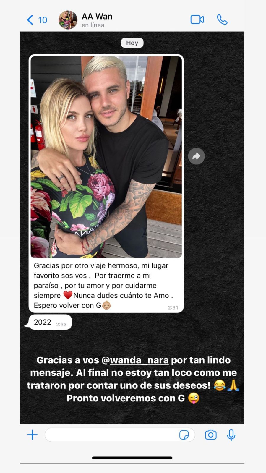 Mauro Icardi compartió un chat con Wanda Nara en donde especulan con un embarazo