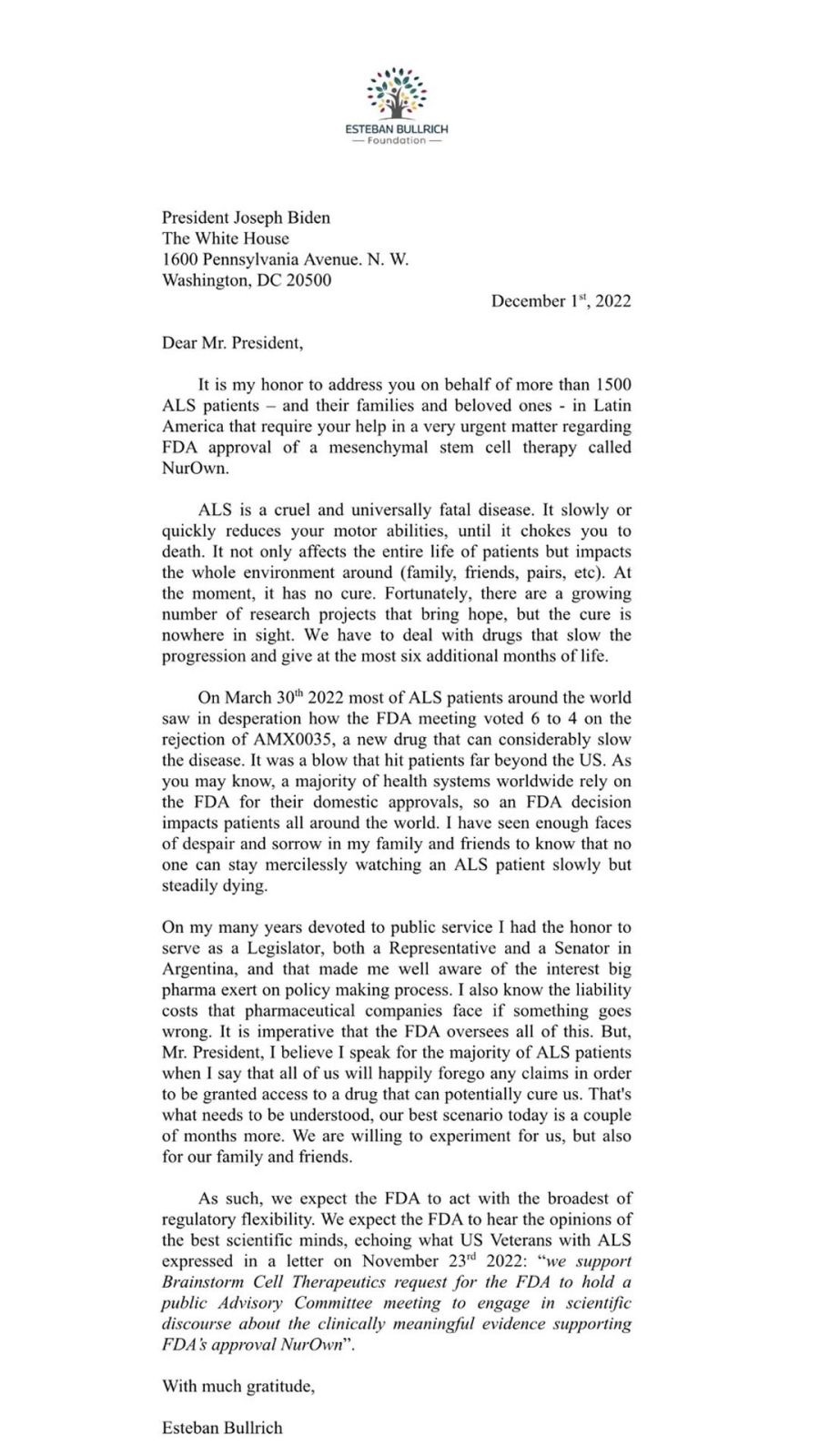 Carta de Esteban Bullrich a Joe Biden 20221130