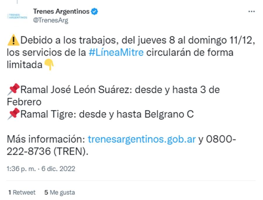 Tweet de Trenes argentinos 20221207