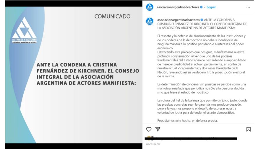 Asociación Argentina de Actores apoyo a Cristina Kirchner