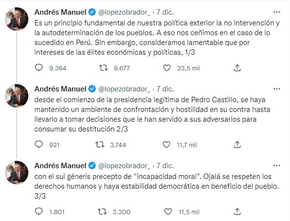 López Obrador opinó en Twitter sobre la crisis en Perú