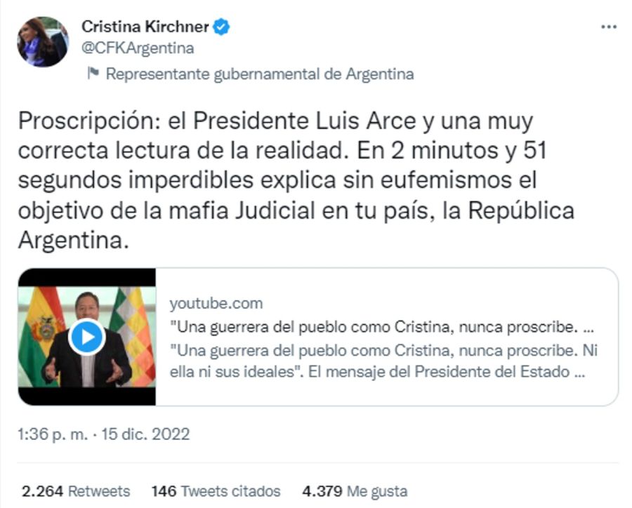Tweet de Cristina Kirchner 20221215