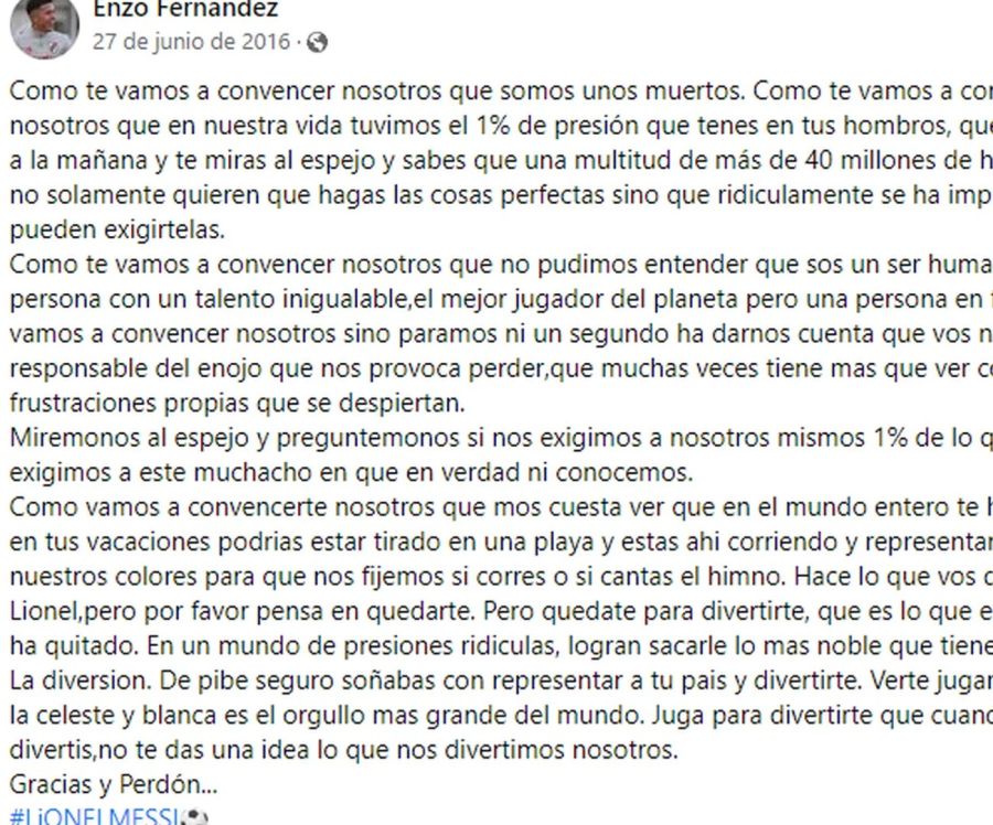 Carta de Enzo Fernández a Messi 20221223