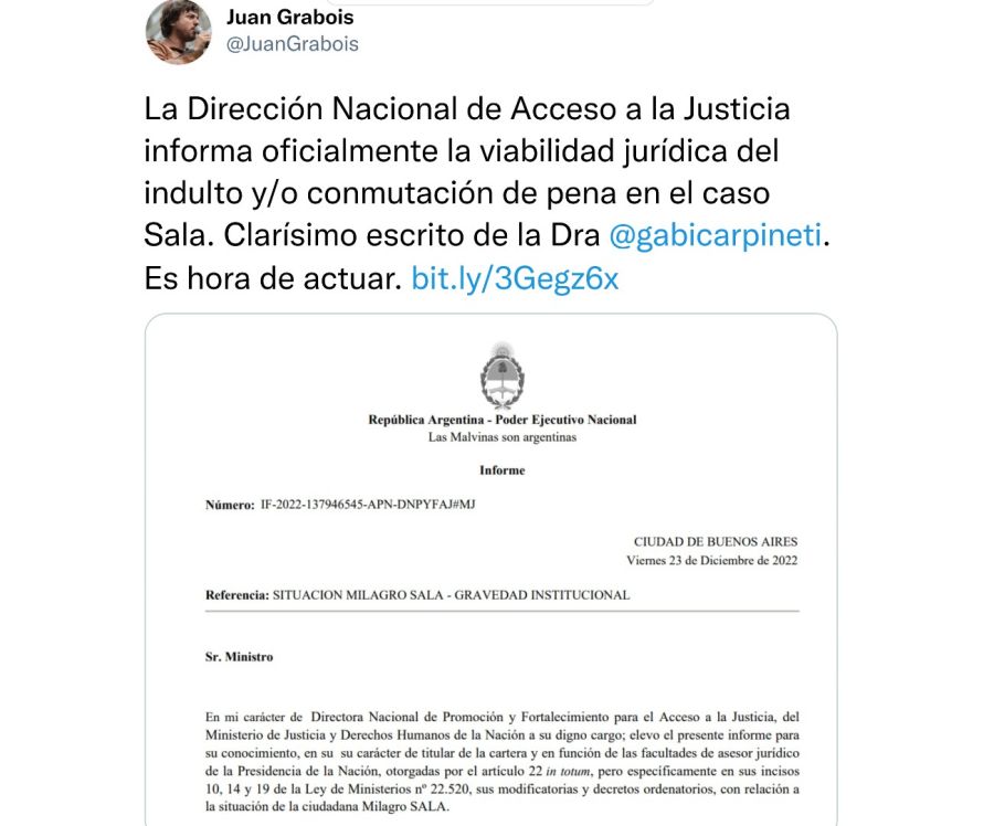 Grabois pide un indulto para Milagro Sala 20221223