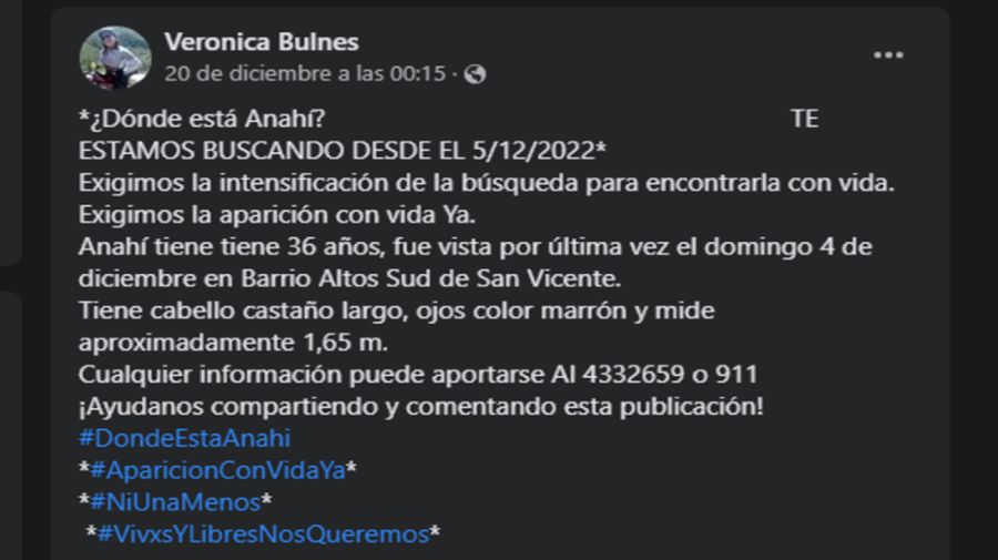 20221228 Anahí Bulnes fue vista con vida por última vez el 4 de diciembre.