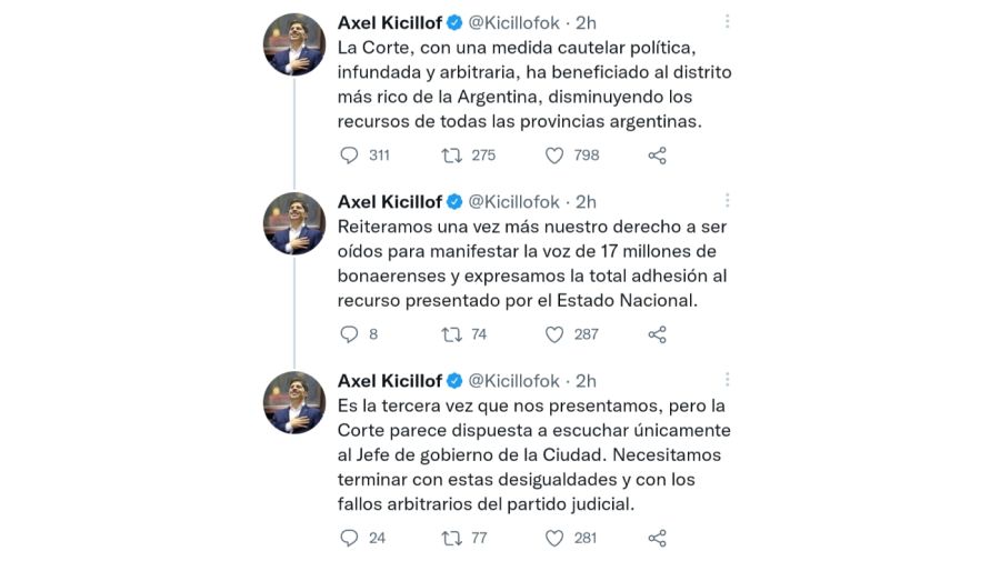 Tweets de Kicillof sobre la disputa por la coparticipación
