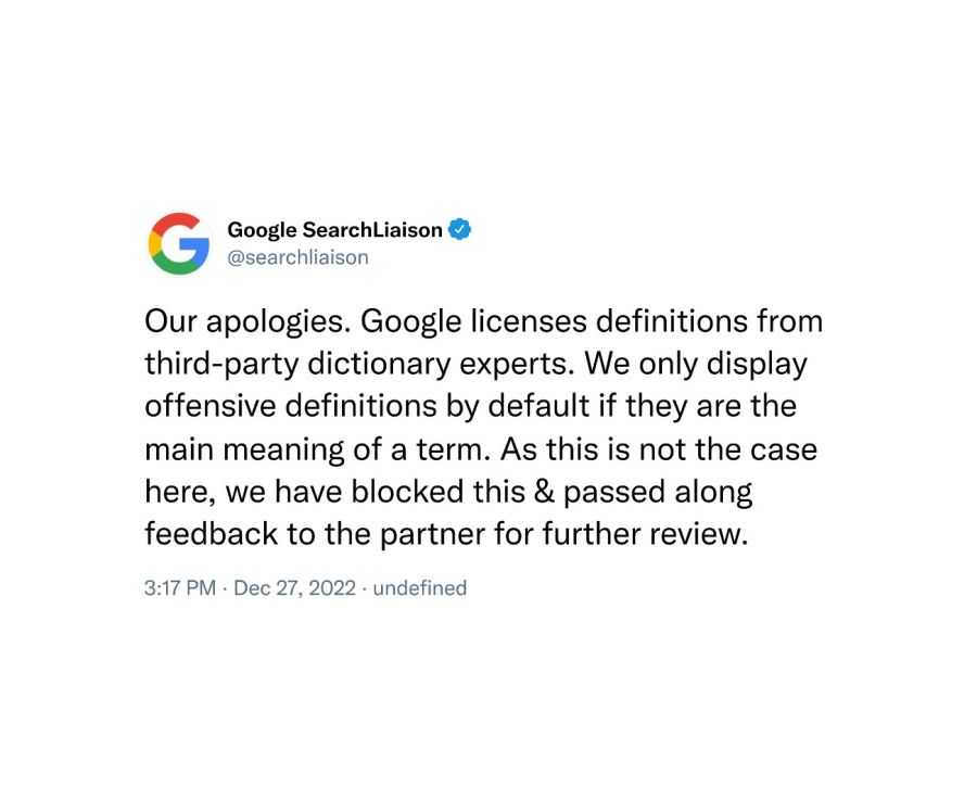 Tuit de disculpas de Google 20221230
