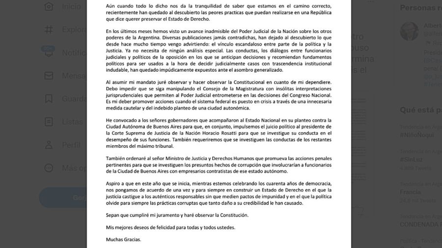 La carta que publicó este domingo 1 de enero el presidente Alberto Fernández, anticipando que pedirá el juicio político de Horacio Rosatti.