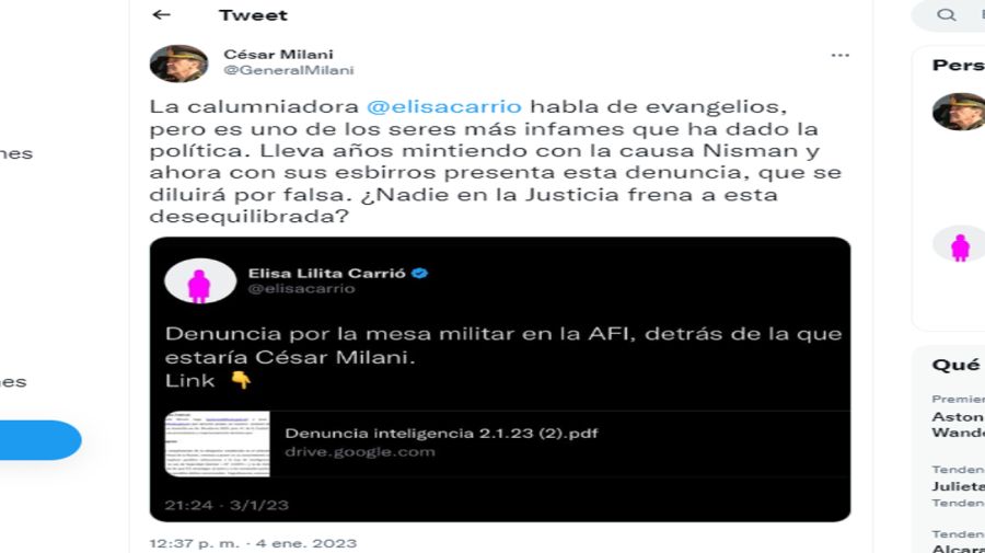 20220105 Tweet de César Milani contra Elisa Carrió.