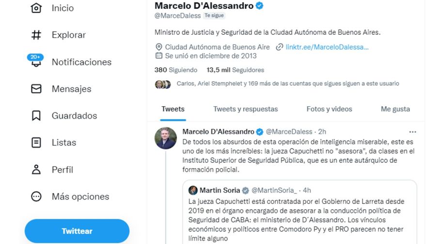 El posteo de Marcelo D'Alessandro, replicando acusaciones del ministro de Justicia de la Nación, Martín Soria.