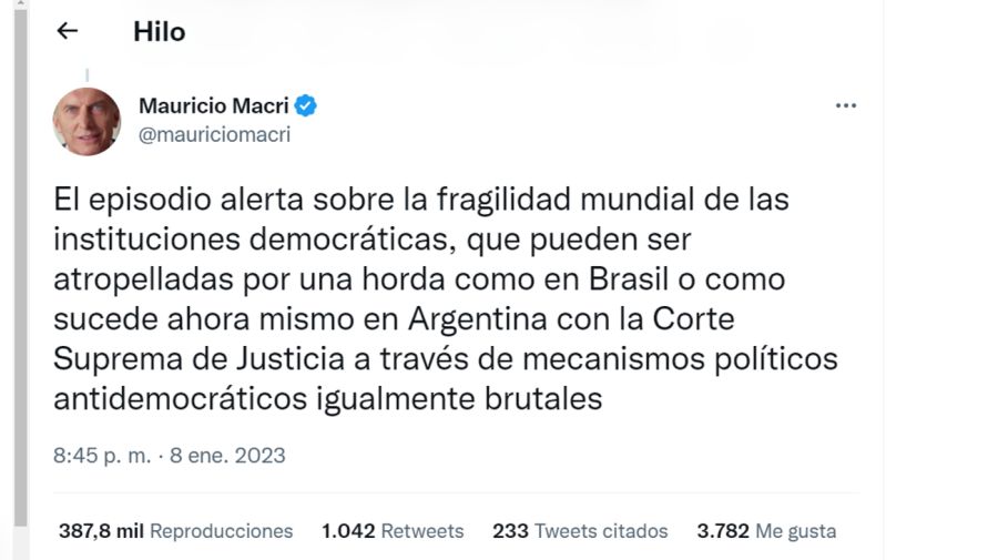 20230109 Los tweets de Mauricio Macri y Patricia Bullrich sobre el asalto a los tres poderes en Brasil.