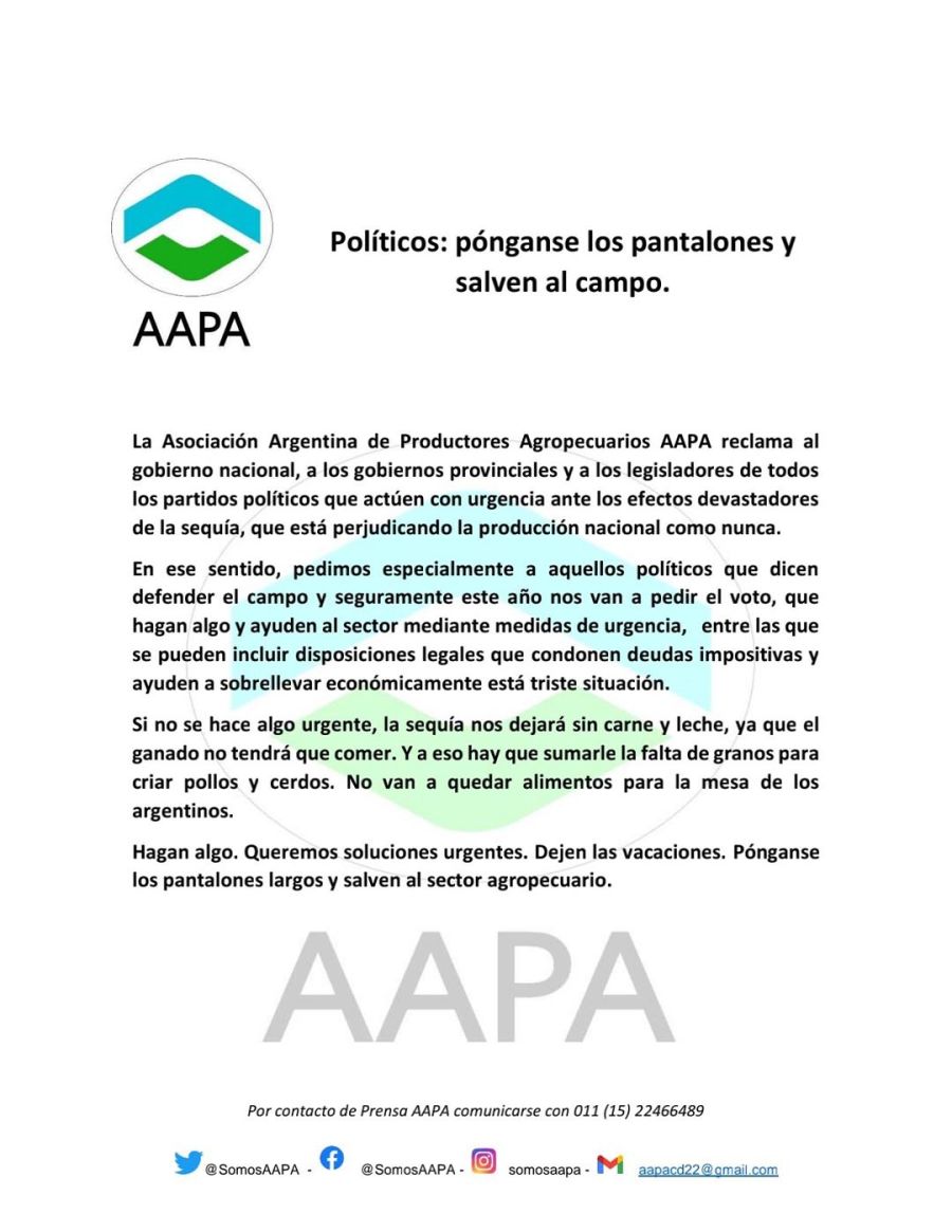 Comunicado de la Asociación Argentina de Productores Agropecuarios