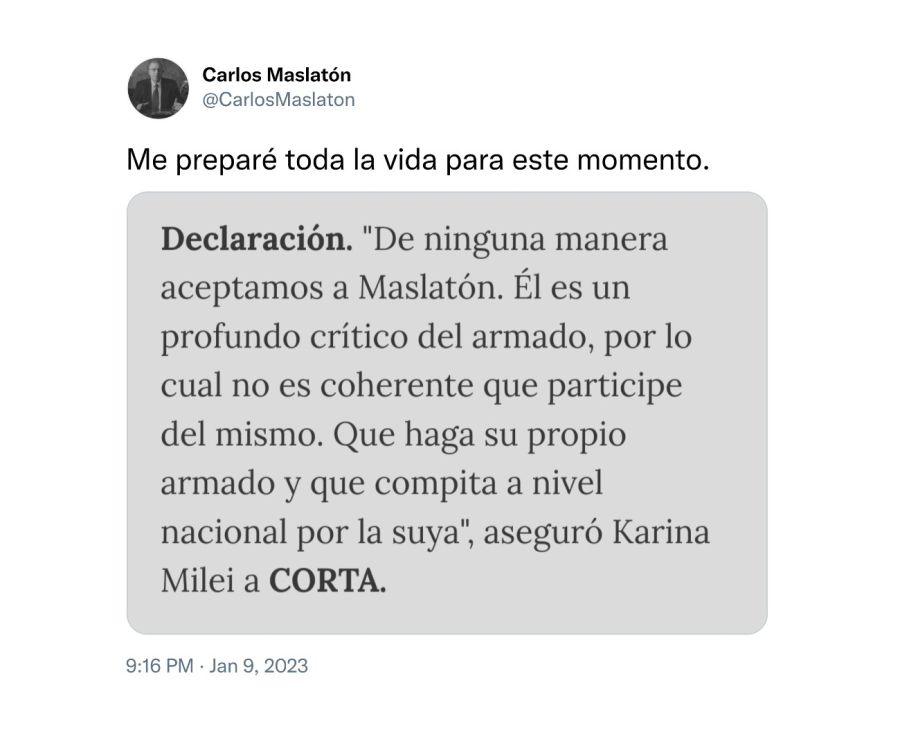 Tuit de Carlos Maslatón sobre las PASO de LLA 20230110