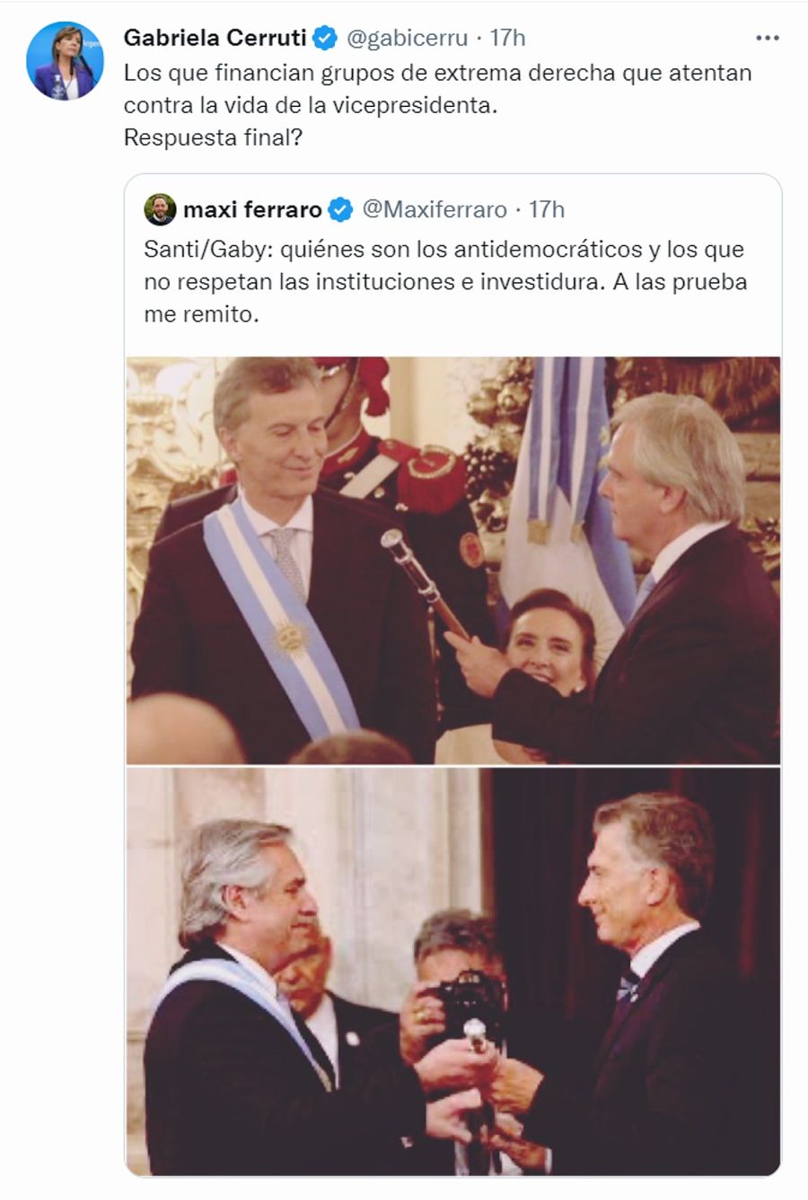 Gabriela Cerruti contra Maximiliano Ferraro en Twitter.