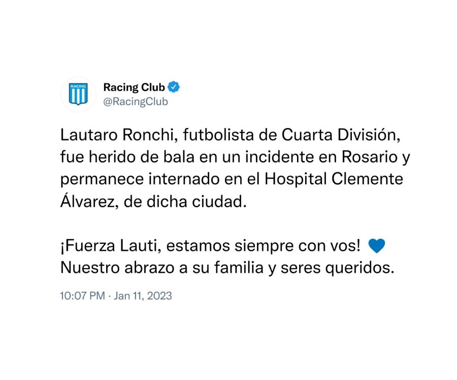 Tuit de Racing sobre Lautaro Ronchi 20230112