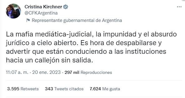 El polémico Tweet de Cristina Kirchner