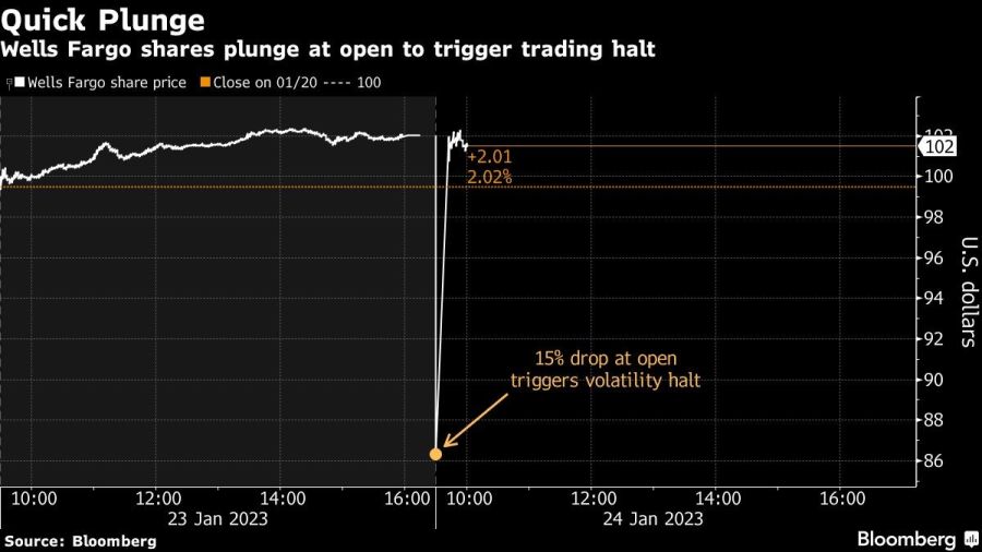 Quick Plunge | Wells Fargo shares plunge at open to trigger trading halt