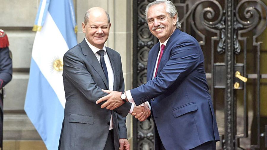 El canciller alemán Olaf Scholz y el presidente Alberto Fernández, en el encuentro en el Palacio San Martín.