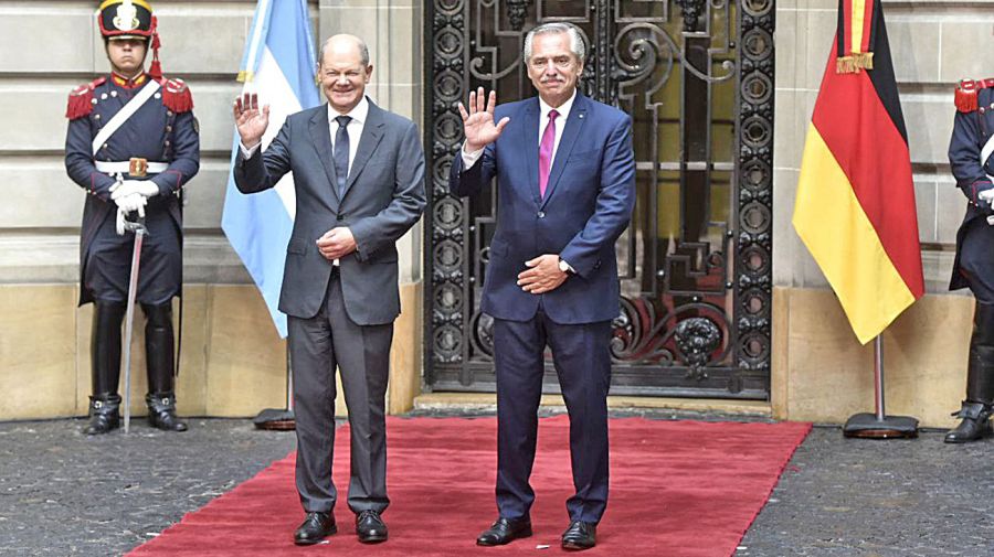 El canciller alemán Olaf Scholz y el presidente Alberto Fernández, en el encuentro en el Palacio San Martín.