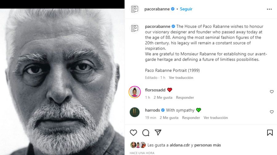 El comunicado oficial de la muerte del icónico diseñador Paco Rabanne