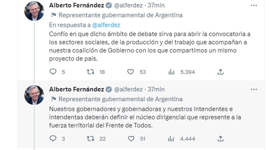 Los mensajes del presidente Alberto Fernández oficializando que habrá mesa política del FdT para definir estrategias y candidatos.