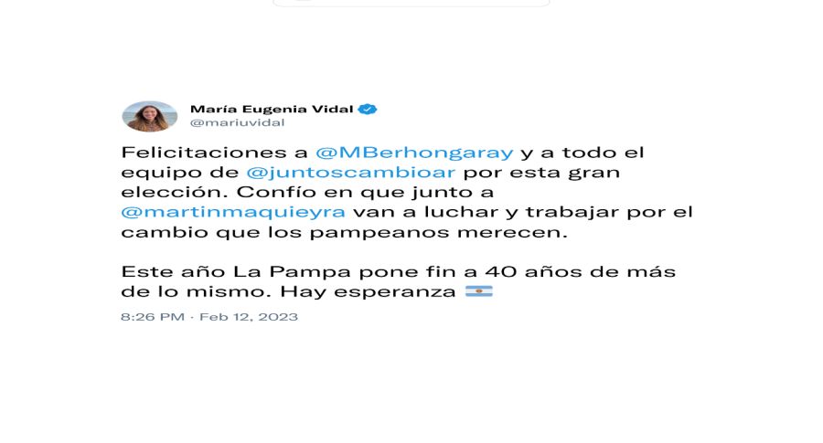20220213 Tweets de Horacio Rodríguez Larreta y María Eugenia Vidal luego de la victoria de Martín Berhongaray.