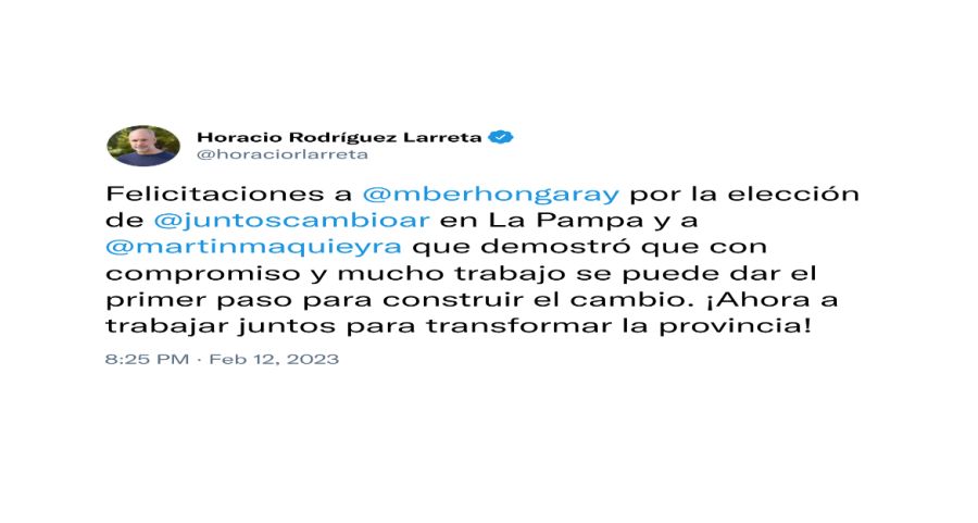 20220213 Tweets de Horacio Rodríguez Larreta y María Eugenia Vidal luego de la victoria de Martín Berhongaray.