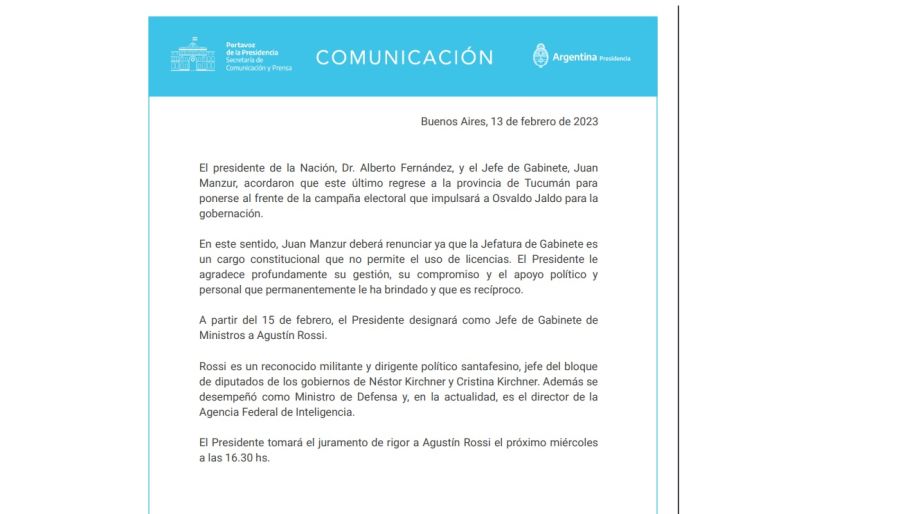 Agustín Rossi es el nuevo jefe de Gabinete de Ministros