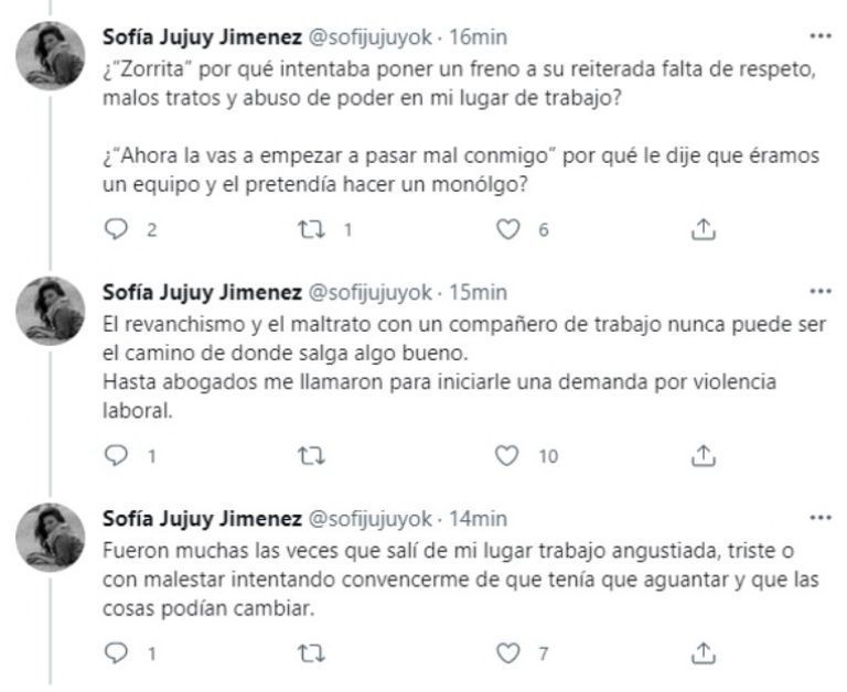 Sofía Jujuy Jiménez y su descargo en Twitter