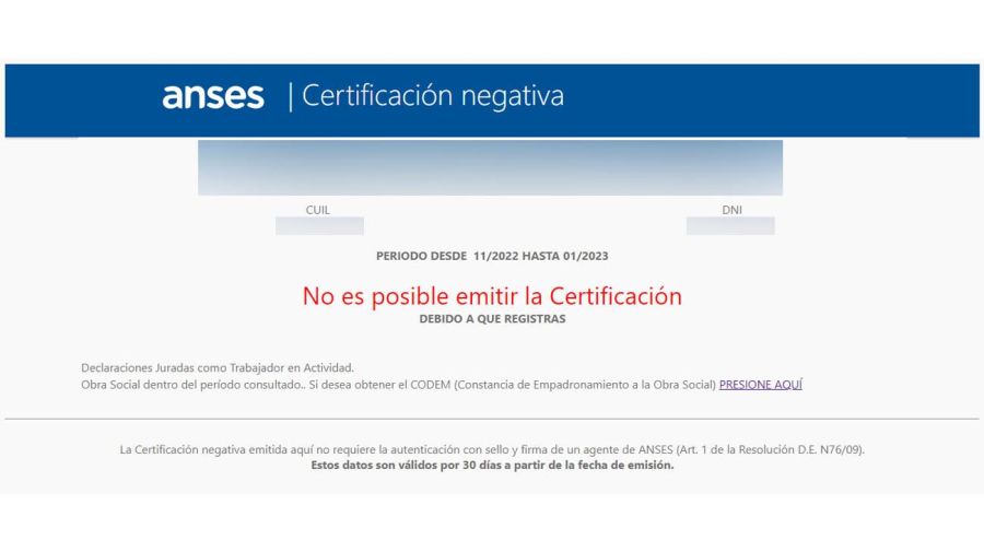 Certificación negativa denegada ANSES