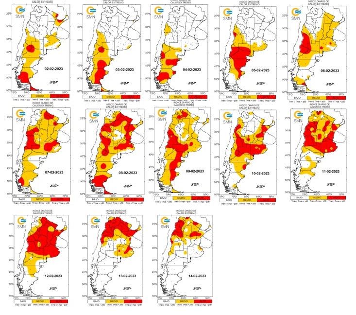 Mapa de la evolución espacial de las condiciones calóricas extremas en el país |  Crédito: Servicio Meteorológico Nacional