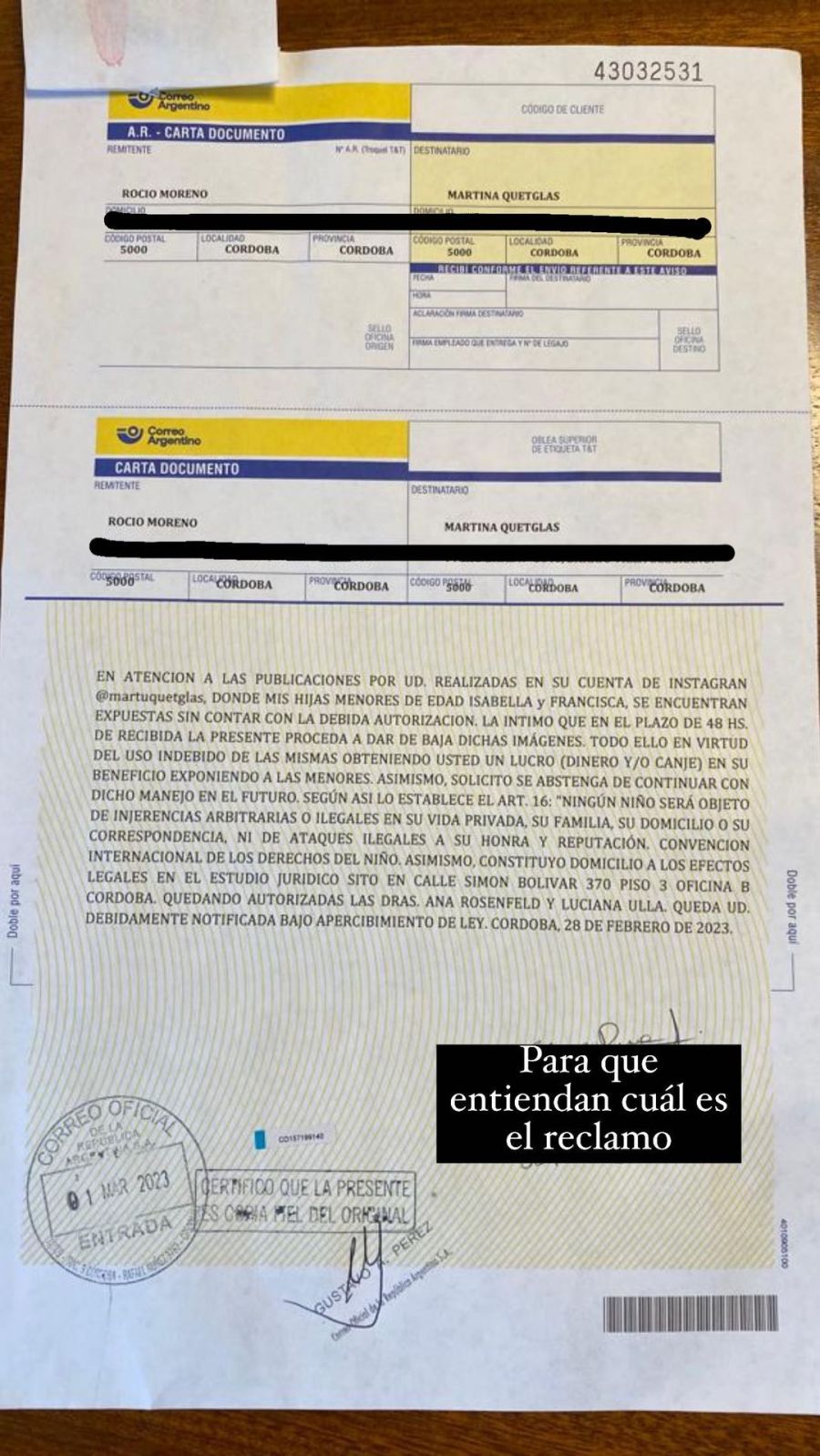 Rocío Moreno mostró la carta documento que le mando a la actual novia de Paulo Londra: 