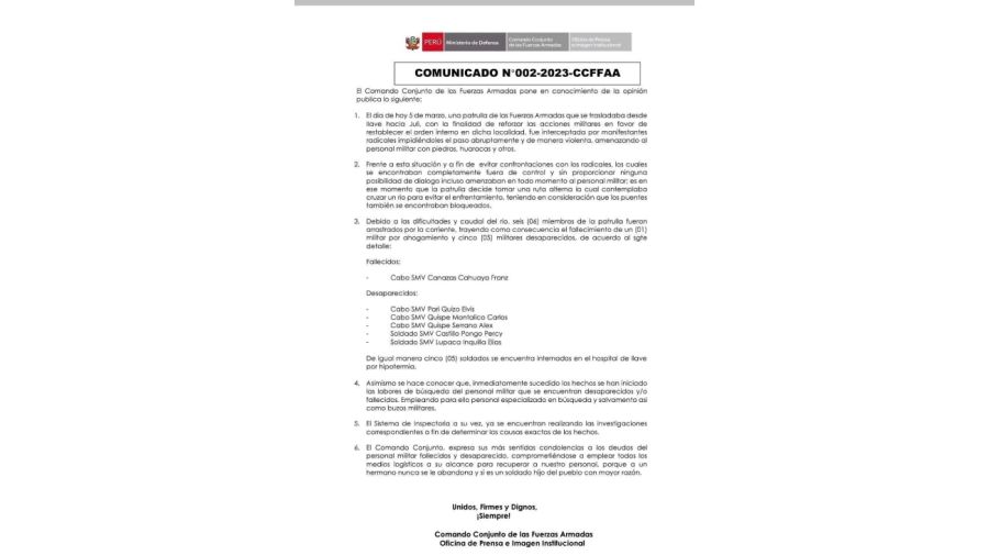 El comunicado expedido por las fuerzas militares peruanas
