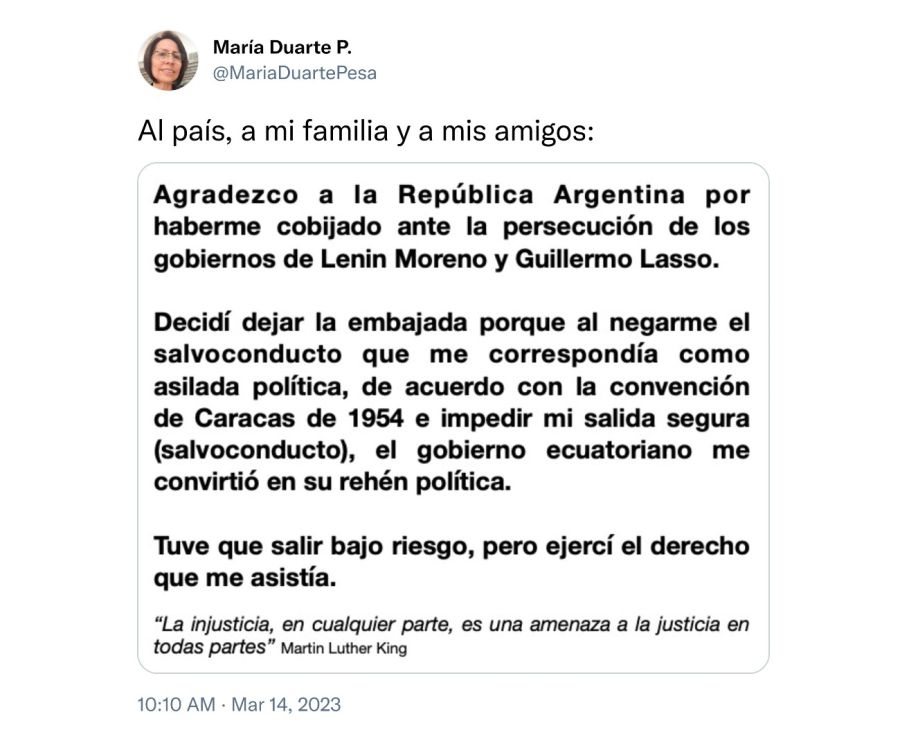 Tuit de María de los Ángeles Duarte Pesantes 20230314