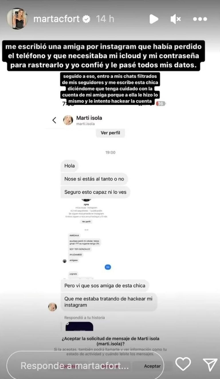 Marta Fort fue hackeada e intentaron estafar a sus amigos a través de su Instagram