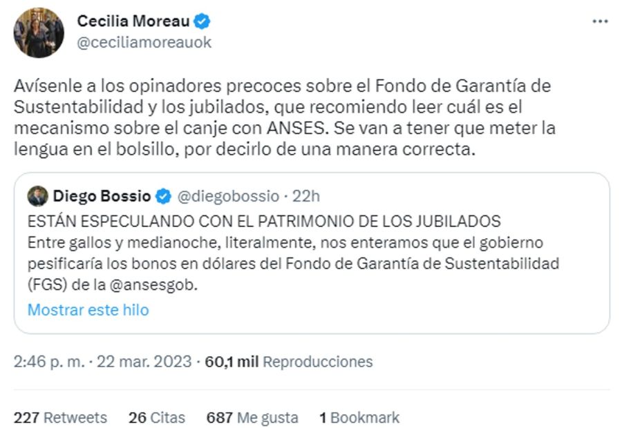 Cruce en Twitter entre Moreau y Bossio 20230323