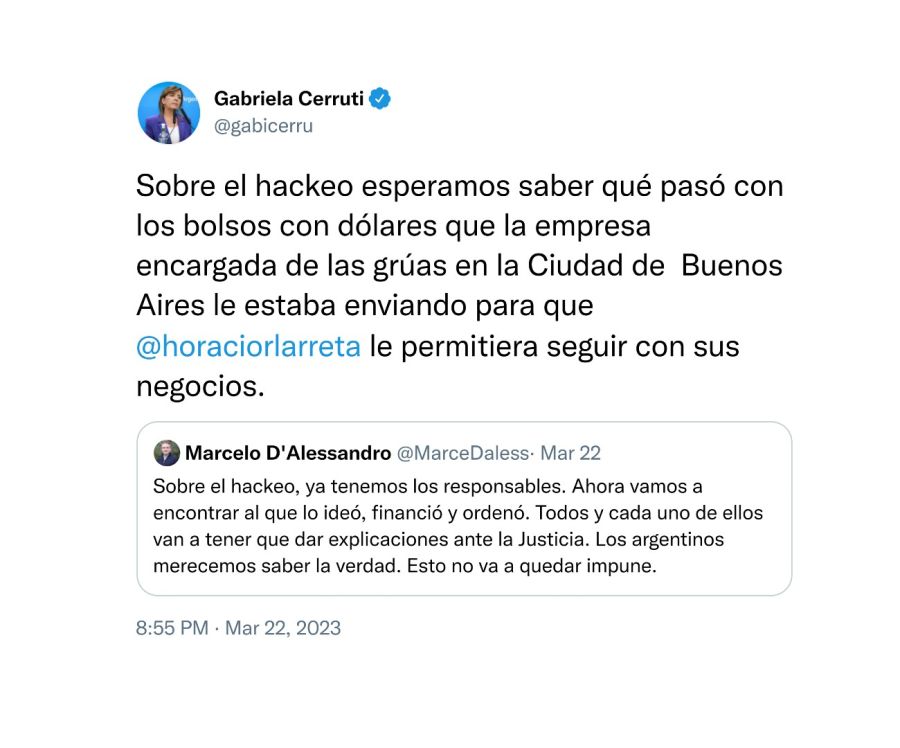 Tuits de Gabriela Cerruti y Marcelo D'Alessandro 20230323