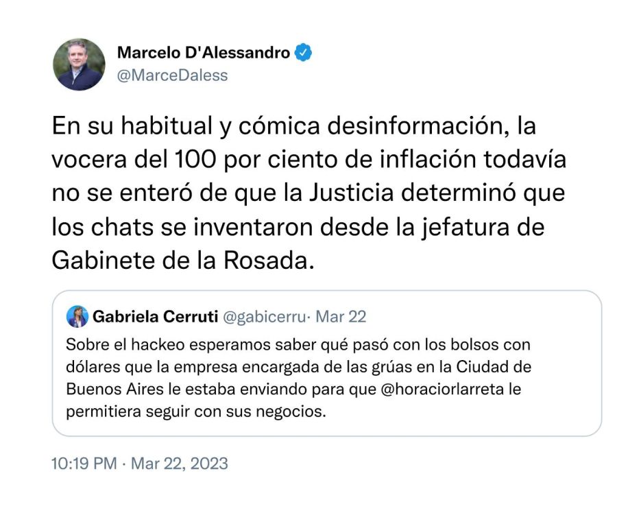 Tuits de Gabriela Cerruti y Marcelo D'Alessandro 20230323