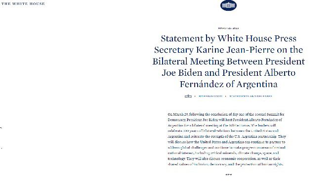 La Casa Blanca oficializó este sábado que el miércoles 29 Biden recibirá a Alberto Fernández en Washington.